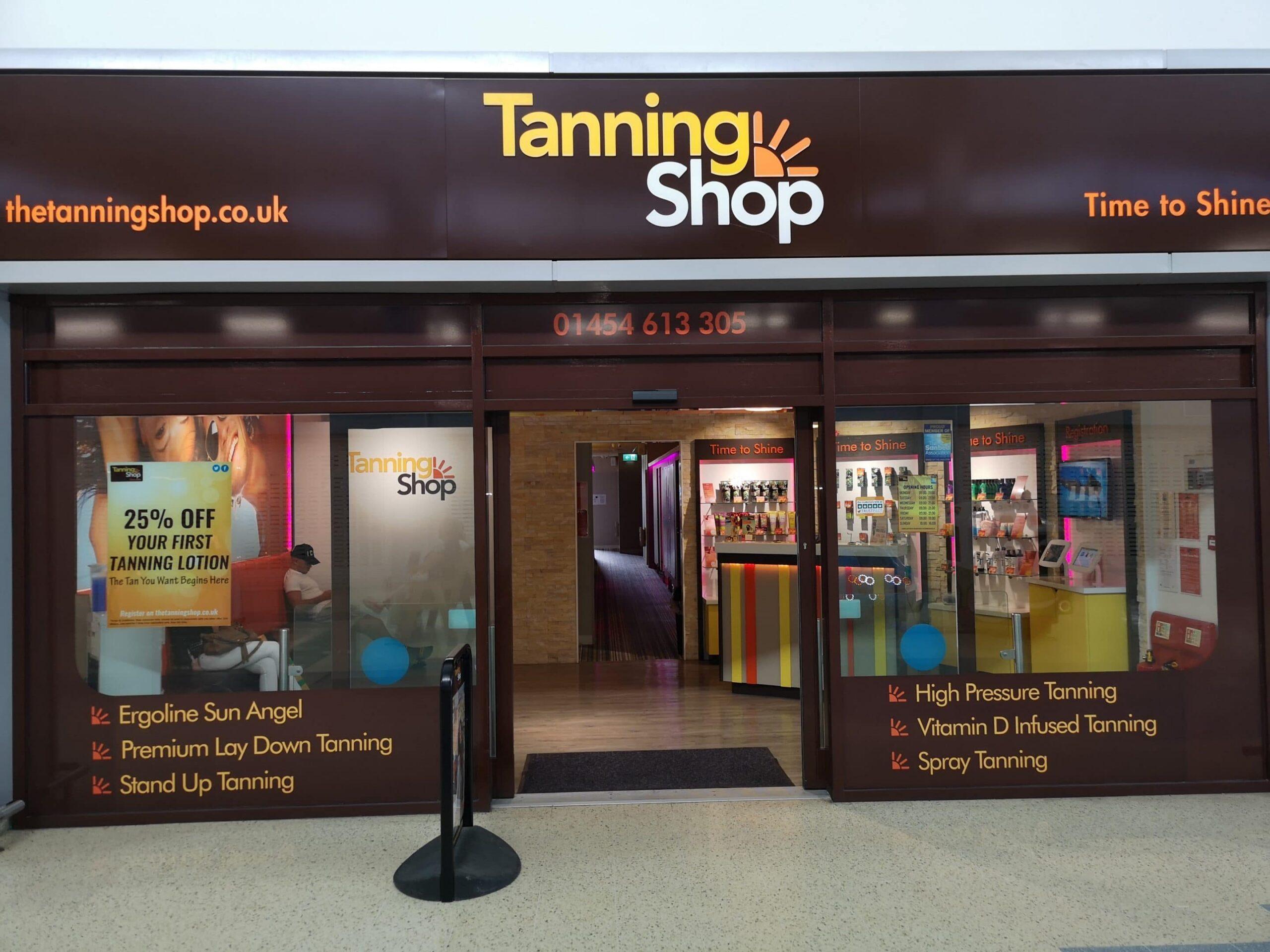 The Tanning Shop Bristol Filton store front offering Ergoline Sun Angel premium UV tanning spray tan and Vitamin D tanning