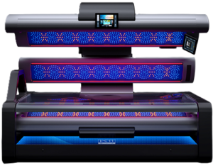 MegaSun K11 Air lay-down tanning sunbed with blue and red UV lamps at The Tanning Shop