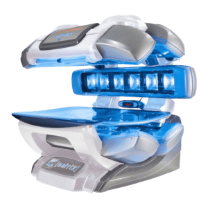 Matrix L28 professional tanning bed with blue LED light panels and ergonomic tanning canopy.