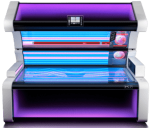 MegaSun K7S lay-down tanning sunbed with purple and blue UV lamps at The Tanning Shop