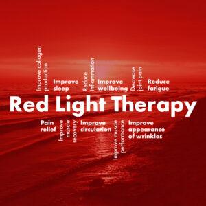 Red light therapy benefits infographic - collagen production, improve sleep, reduce inflammation, pain relief, reduce fatigue at The Tanning Shop UK