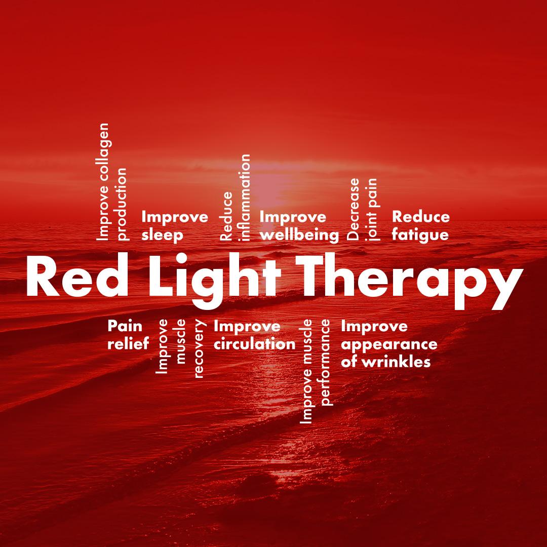 Red light therapy benefits infographic - collagen production, improve sleep, reduce inflammation, pain relief, reduce fatigue at The Tanning Shop UK