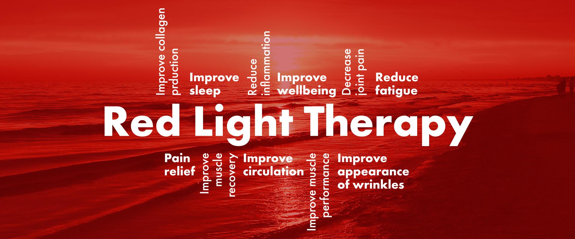 Red light therapy benefits word art - improve sleep, reduce inflammation, pain relief, improve wellbeing and collagen production at The Tanning Shop UK