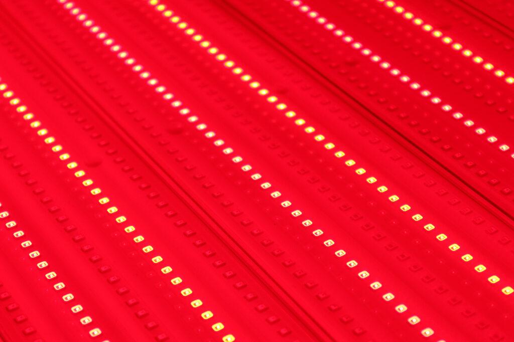 Red light therapy benefits - close-up of red LED light therapy panel at The Tanning Shop UK