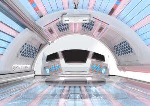 What are facial tanners - inside view of Spectra by Ergoline sunbed with facial tanning unit at The Tanning Shop UK