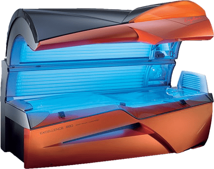Excellence 880 Premium Tanning Bed with Blue UV Lamps and Orange Body – Red Light Therapy Sunbed at The Tanning Shop UK