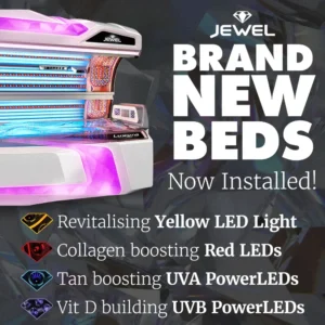 Luxura Jewel brand new tanning beds now installed with yellow LED red LED UVA UVB PowerLEDs at The Tanning Shop