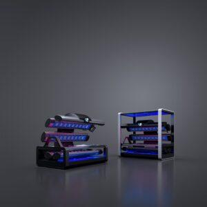 Two Megasun K11 Air tanning beds side by side showing blue and red LED lighting