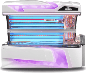 Luxura Jewel Premium Lay-Down Tanning Bed with UV Lamps and Coloured LED Lighting – Professional Sunbed at The Tanning Shop UK