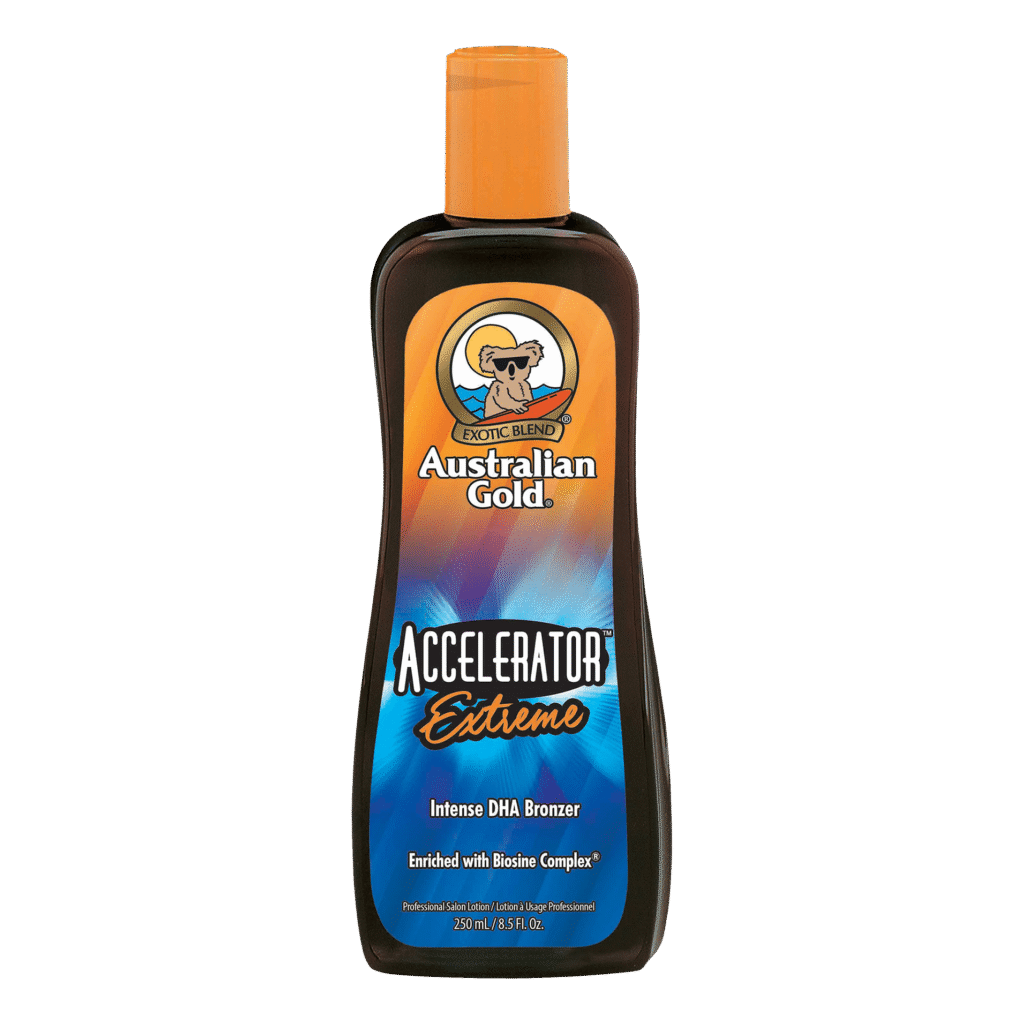 Australian Gold Accelerator Extreme tanning lotion bottle with intense DHA bronzer and Biosine Complex, 250ml salon tanning accelerator.