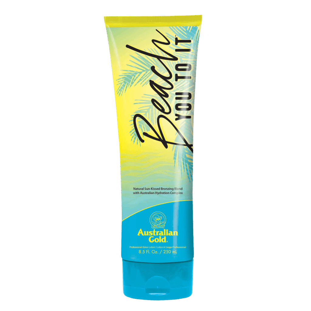 Australian Gold Beach You To It tanning lotion with natural sun-kissed bronzing blend and Australian Hydration Complex, 250ml tube.
