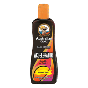 Australian Gold Dark Tanning Accelerator tanning lotion with native oils, vitamin E and vitamin A, 250ml salon tanning bottle.
