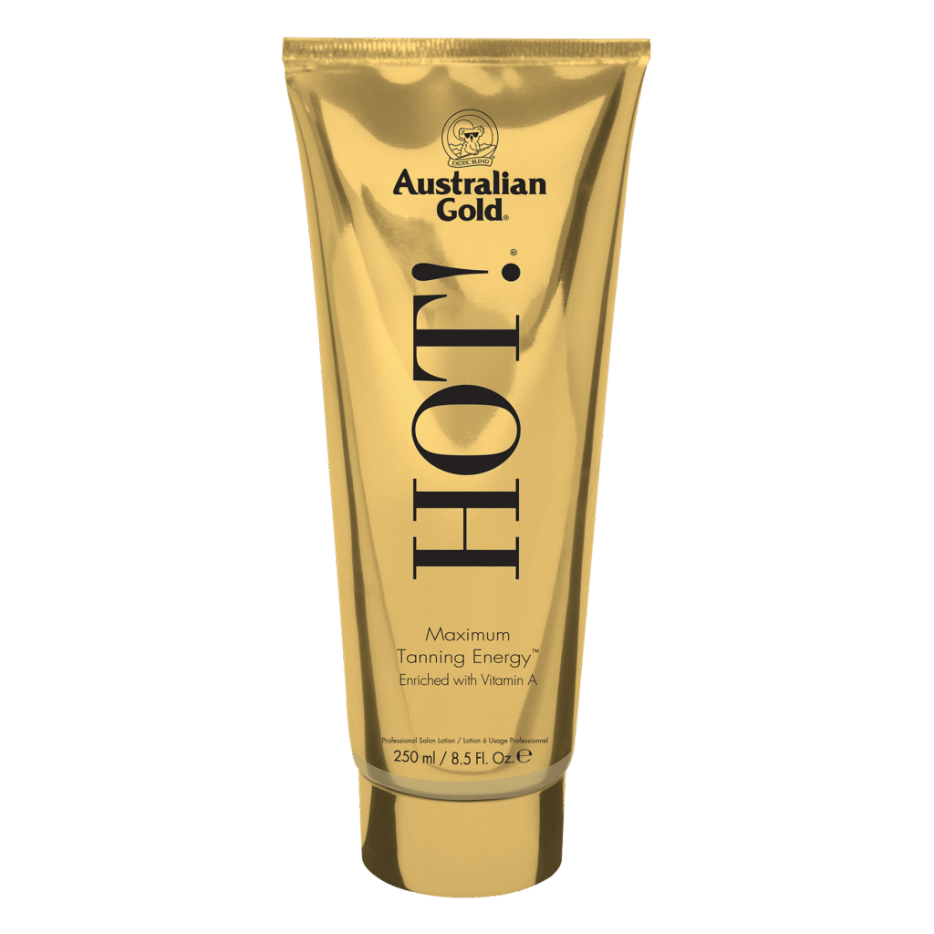 Australian Gold Hot! maximum tanning energy accelerator lotion enriched with vitamin A, 250ml tube.