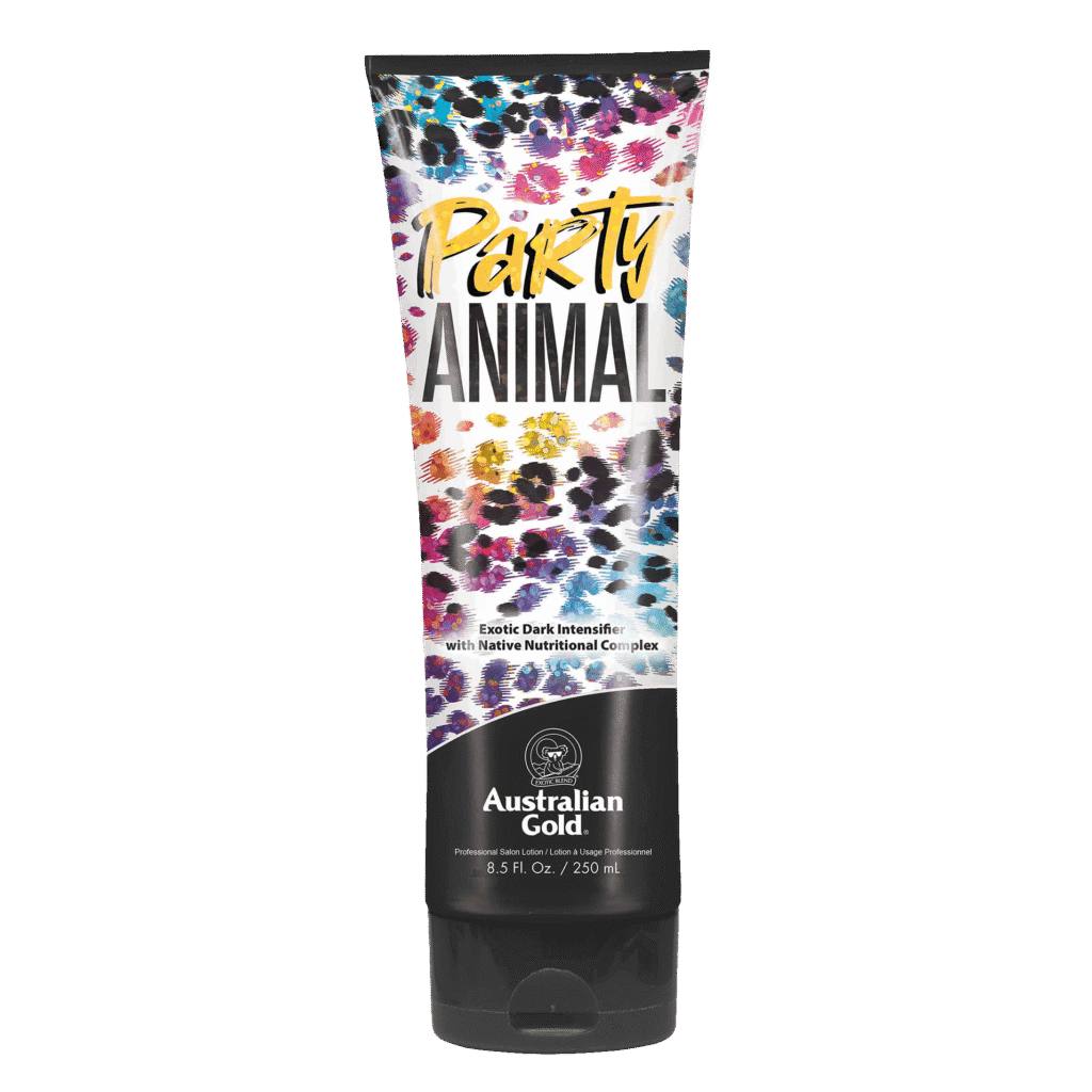 Australian Gold Party Animal exotic dark intensifier tanning lotion with native nutritional complex, 250ml tube.