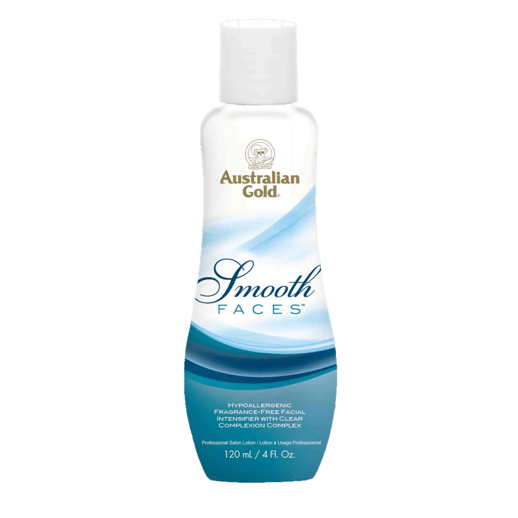 Australian Gold Smooth Faces hypoallergenic fragrance-free facial tanning intensifier with clear complexion complex, 120ml bottle.