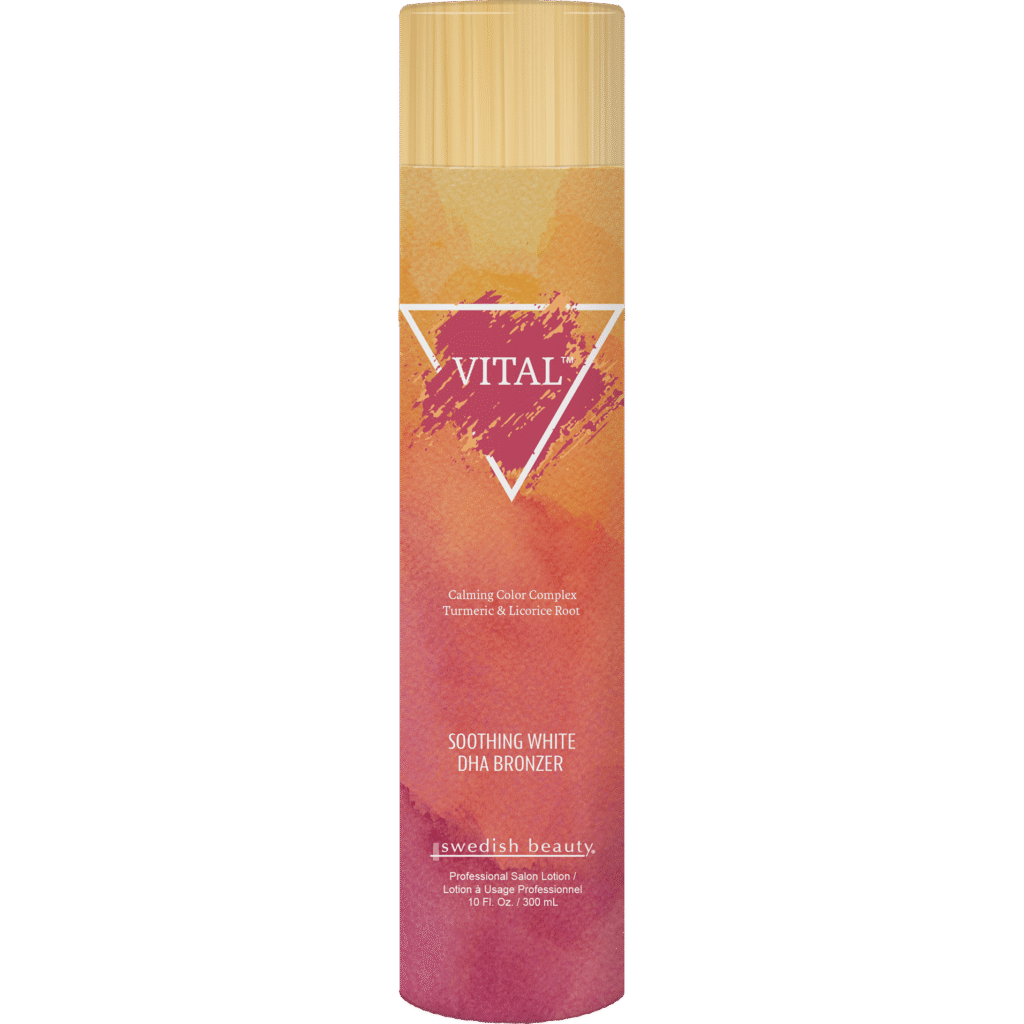 Swedish Beauty Vital soothing white DHA bronzer tanning lotion with calming color complex, turmeric and licorice root, 300ml bottle.