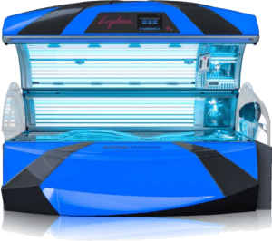 Ergoline Prestige Bluevision Spectra tanning bed with lid open showing white UV tubes, blue exterior and Ergoline branding on the canopy