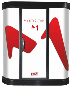 Mystic Tan HD spray tan booth with bold red and white branding, available at The Tanning Shop for a flawless, streak-free sunless tan.
