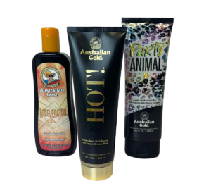 Australian Gold tanning lotion collection: Accelerator K with Carrot Oil, HOT! Black Bronzer, and Party Animal Exotic Dark Intensifier — available at The Tanning Shop