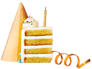 Slice of birthday cake with a lit candle and party hat, representing The Tanning Shop UK birthday discount treat